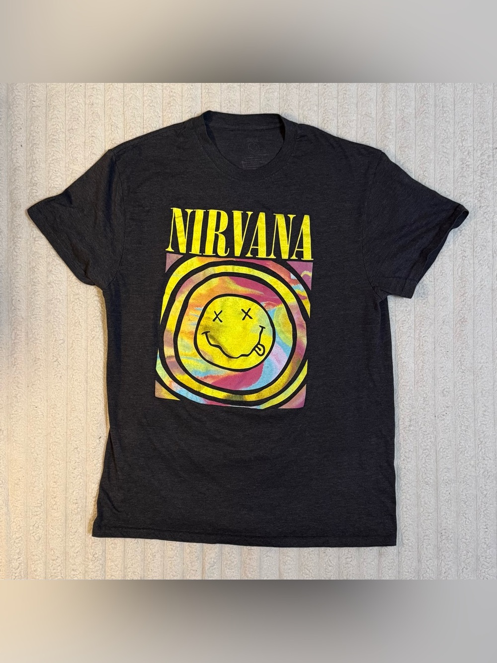 Nirvana Smiley Face Logo Band T-Shirt Dark Grey Grunge Tee L
